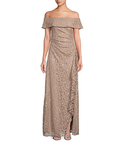 Alex Evenings Sleeveless Off-The-Shoulder Cascade Ruffle Front Slit Sequin Lace Gown