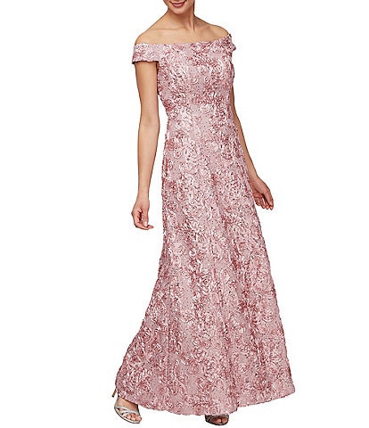 Alex Evenings Sleeveless Off-the-Shoulder Rosette Lace Gown
