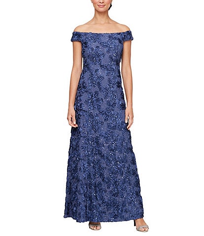 Alex Evenings Sleeveless Off-the-Shoulder Rosette Lace Gown