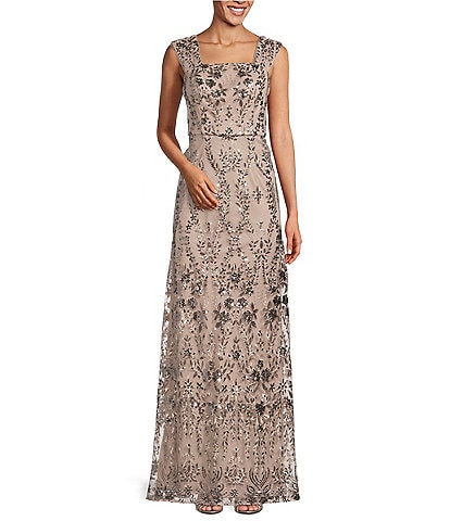 Alex Evenings Sleeveless Square Neck Sequin Embroidered Gown