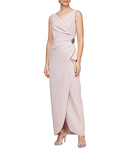 Alex Evenings Sleeveless Surplice V-Neck Beaded Detail Ruched Casacade Sheath Gown