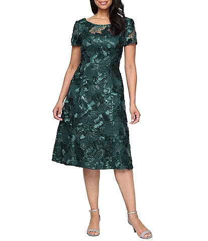 Alex Evenings Soutache Lace Sequin Round Neck Cap Sleeve Tea Dress