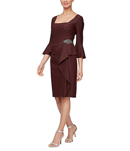 Alex Evenings Square Neck 3/4 Bell Sleeve Embellished Cascade Ruffle Sheath Dress