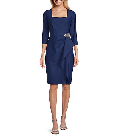 Alex Evenings Stretch Jersey Scuba Square Neck 3/4 Sleeve Embellished Cascade Hip Sheath Dress