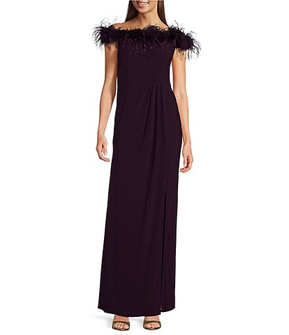 Alex Evenings Stretch Matte Jersey Feather Off-the-Shoulder Cap Sleeve Ruched Front Slit Gown