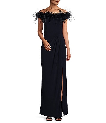 Alex Evenings Stretch Matte Jersey Feather Off-the-Shoulder Cap Sleeve Ruched Front Slit Gown