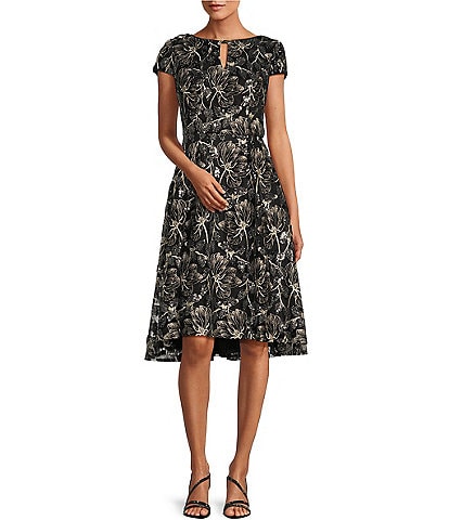 Alex Evenings Stretch Sequin Floral Print Cap Sleeve Keyhole Boat Neck High-Low Fit And Flare Dress