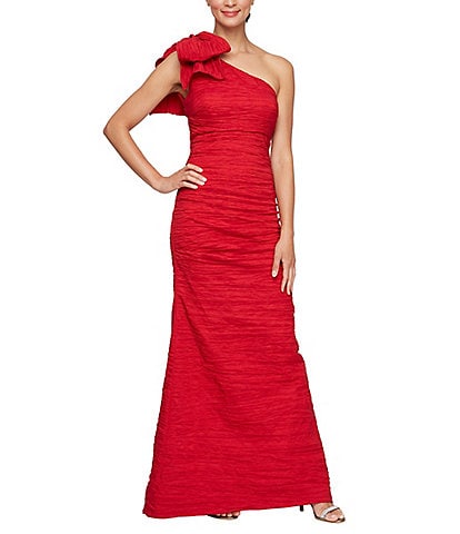 Alex Evenings Stretch Taffeta One Shoulder Bow Long Gown