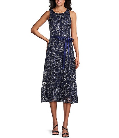 Alex Evenings Stretch Tulle Floral Print Sleeveless Crew Neck Self Tie Belt Embroidered Tulle Fit and Flare Dress