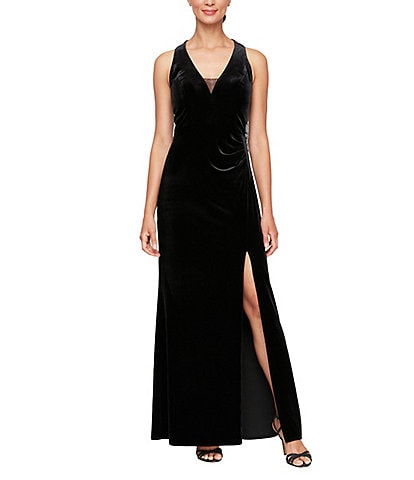 Alex Evenings Stretch Velvet Halter Neck Sleeveless Illusion Beaded Sheath Gown