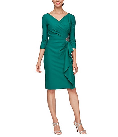 Alex Evenings Surplice Neck 3/4 Sleeve Beaded Detail Cascade Ruffle Sheath Dress