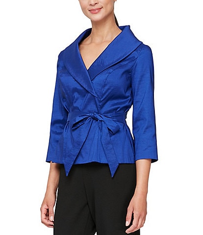 Alex Evenings Taffeta Tie Waist Shawl Collar 3/4 Sleeve Top