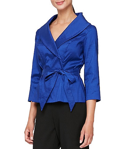 Alex Evenings Taffeta Tie Waist Shawl Collar 3/4 Sleeve Top