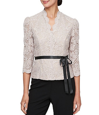Alex Evenings V-Neck 3/4 Sleeve Scallop Front Lace Blouse