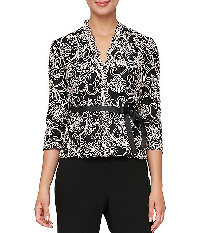 Alex Evenings V-Neck 3/4 Sleeve Scalloped Floral Lace Lined Embroidered Top