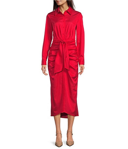 Alex Marie Adriana Long Sleeve Collared Tie Waist Maxi Dress