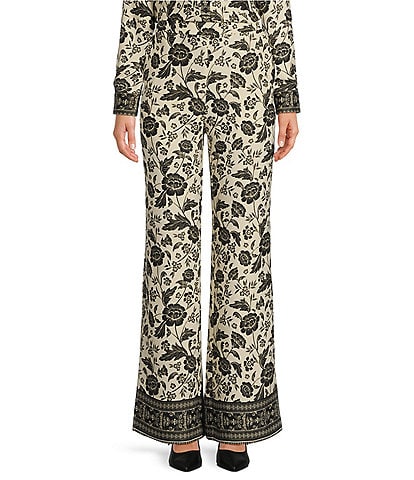 Alex Marie Amara Satin Crepe Black Floral Print High Waist Flat Front Long Coordinating Pant