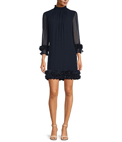 Alex Marie Amelia Smocked Turtleneck Floral Petal Detail Illusion Ruffle Trim 3/4 Sleeve Chiffon Dress