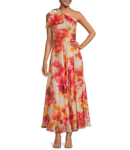 Alex Marie Aria Floral One Shoulder Sleeveless Printed Chiffon Gown