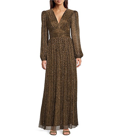 Alex Marie Bella Crinkle Metallic V-Neck Blouson Long Sleeve A-Line Gown