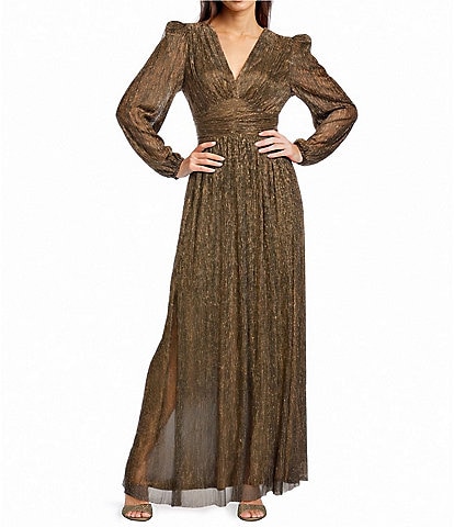 Alex Marie Bella Crinkle Metallic V-Neck Blouson Long Sleeve A-Line Gown