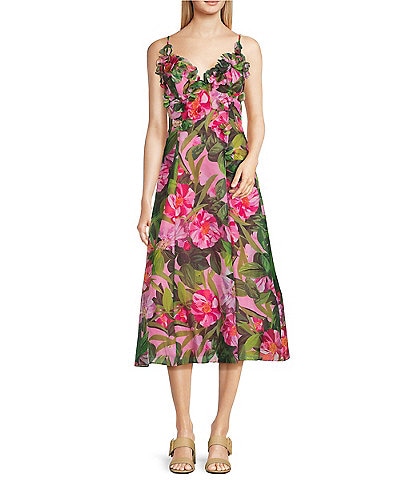 Alex Marie Brigitte Floral Sleeveless Printed V-Neck Organza A-Line Midi Dress