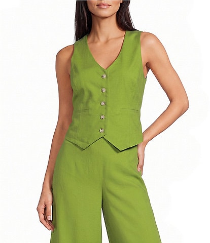 Alex Marie Brook V-Neck Stretch Linen Blend Button Front Vest