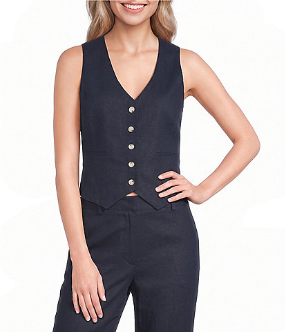 Alex Marie Brook V-Neck Stretch Linen Blend Button Front Vest