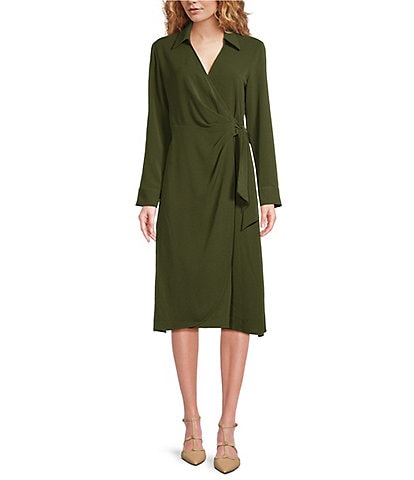 Alex Marie Caitlin Heavy Crepe de Chine Point Collar V-Neck Long Sleeve Front Tie Midi Dress