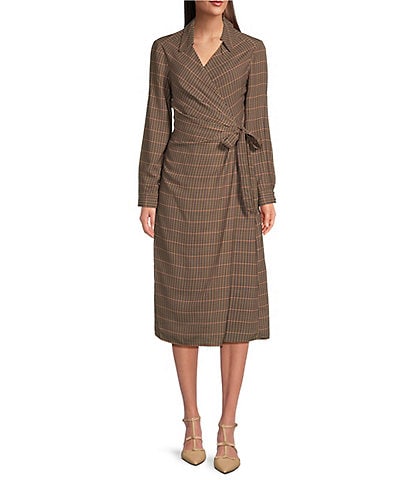 Alex Marie Caitlin Plaid Point Collar V-Neck Long Sleeve Ruched Side Wrap Midi Dress