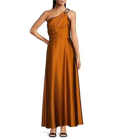 Alex Marie Camila Stretch Satin Asymmetrical One Shoulder Metal Loop Strap A-Line Maxi Dress