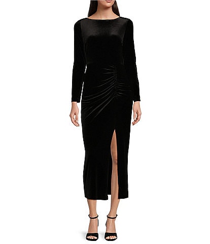 Alex Marie Chloe Stretch Velvet High Boat Neck Long Sleeve Ruched Waist Side Split Hem Midi Sheath Dress