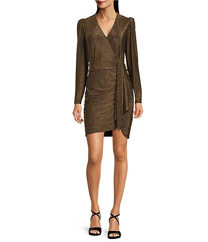 Alex Marie Chrissy Metallic Knit Surplice V-Neck Long Sleeve Faux Wrap Dress