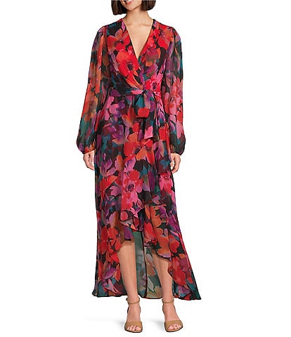 Alex Marie Diana Chiffon Floral Print V-Neck Long Blouson Sleeve Tie Waist Hi-Low Flounce Wrap Maxi Dress