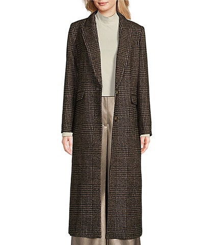 Alex Marie Estelle Brushed Wool Glen Print Notch Lapel Long Sleeve Button Front Long Blazer Cocoon Coat