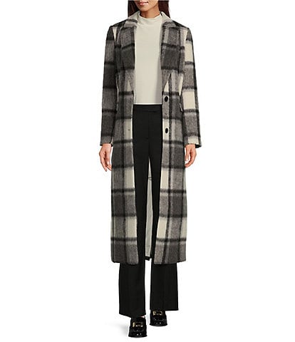 Alex Marie Estelle Wool Blend Oversized Plaid Notch Lapel V-Neck Long Sleeve Button Front Long Line Blazer Top Coat