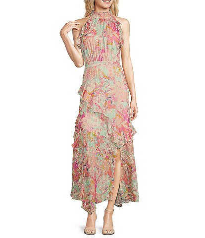 Alex Marie Fiona Multi Floral Print Halter Neck Sleeveless Asymmetric Hem Dress
