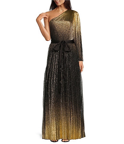 Alex Marie Gabrielle Metallic Ombre Plisse Asymmetrical Neck One Shoulder Sleeveless Tie Waist A-Line Swing Gown