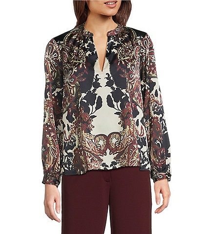 Alex Marie Harley Printed Satin Long Sleeve V-Neck Blouse