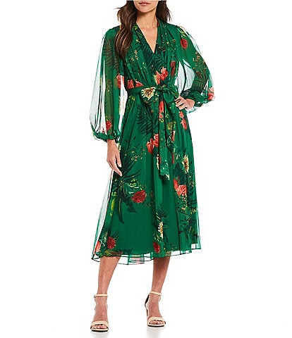 Alex Marie Hayden V-Neck Long Sleeve Pleated Palm Floral Print Tie Waist Dress