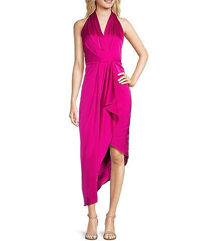 Kay Unger Stretch Sleeveless Criss Cross Halter Neck Gown