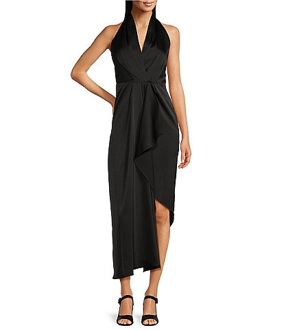 Alex Marie Hazel Surplice V-Neck Sleeveless Satin Asymmetrical Hem Midi Dress