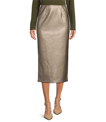 Alex Marie Jenna Faux Suede Coated Metallic High Rise Pencil Midi Skirt