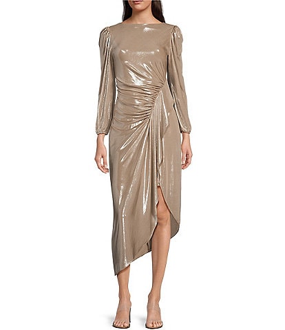 Alex Marie Jenna Foiled Metallic High Boat Neck Long Blouson Sleeve Faux Wrap Ruched Asymmetrical Hem Maxi Dress