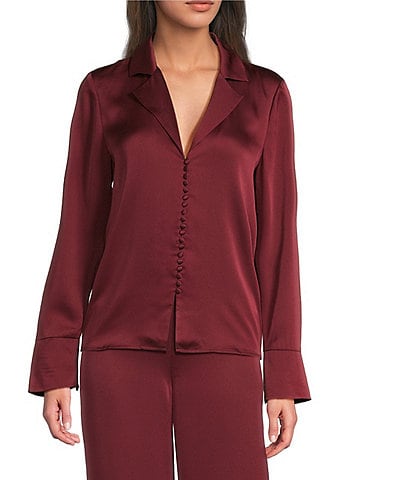 Alex Marie Josefine Stretch Satin Notch Collar Long Sleeve Button Front Blouse