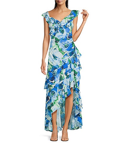 Alex Marie Lacey Ruffle Sleeveless Floral Asymmetric Hem Maxi Dress
