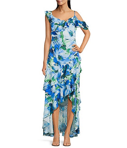 Alex Marie Lacey Ruffle Sleeveless Floral Asymmetric Hem Maxi Dress
