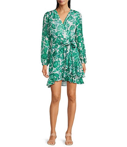 Alex Marie Laurel Long Sleeve Surplice V-Neck A-Line Dress