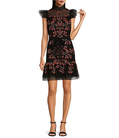 Alex Marie Liesl Floral Embroidered Mesh Mock Neck Sheer Illusion Flutter Sleeve Tie at Waist A-Line Mini Dress