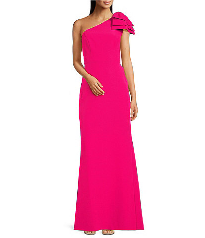 Alex Marie Lilah Stretch Crepe One Shoulder Bow Sleeveless Gown